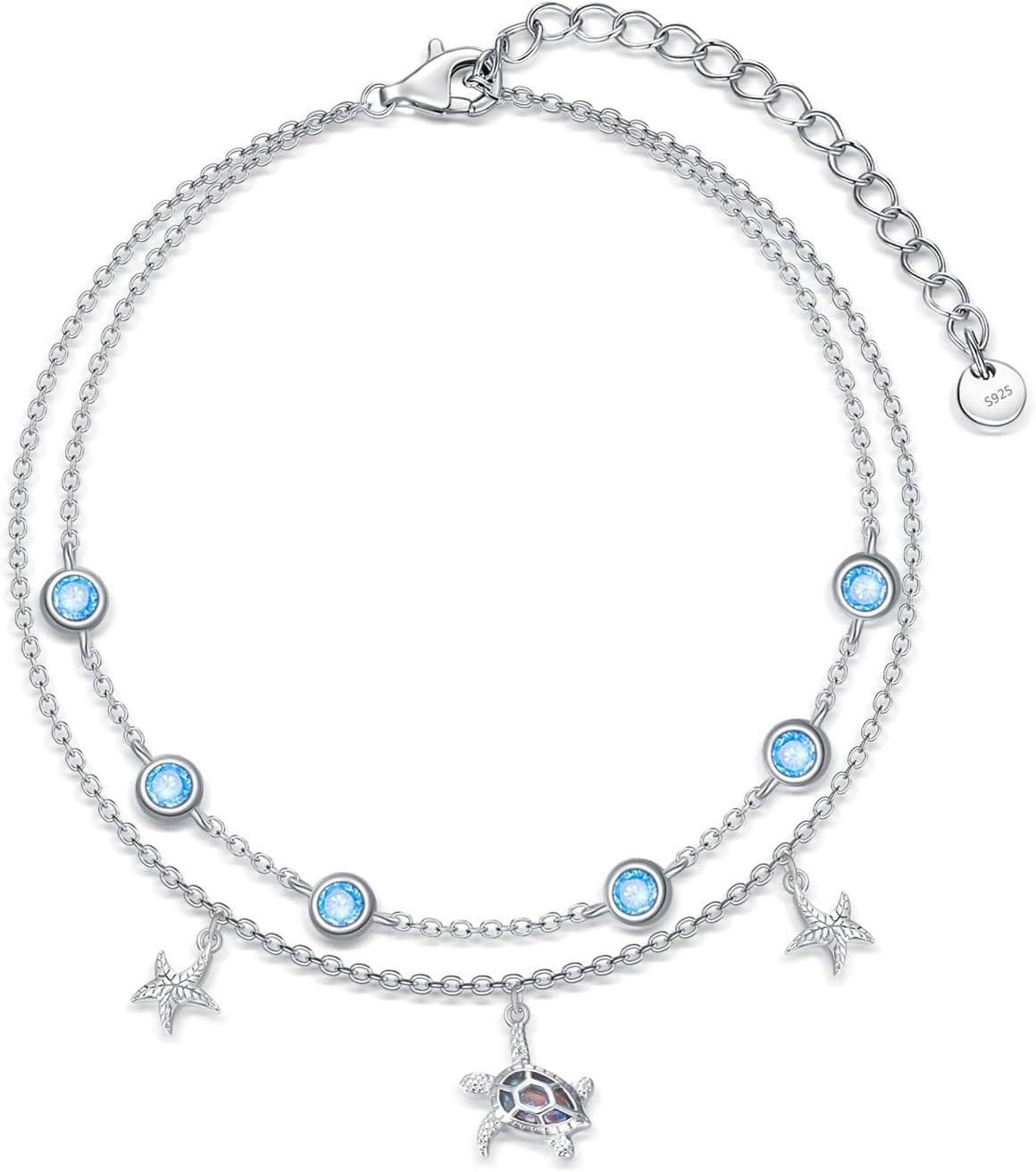 Sterling Silver Birthstone Women s Anklet Bracelets Infinity Butterfly Evil Eye Turtle Pineapple Starfish Heart-Anklet 9"-11"-Turtle