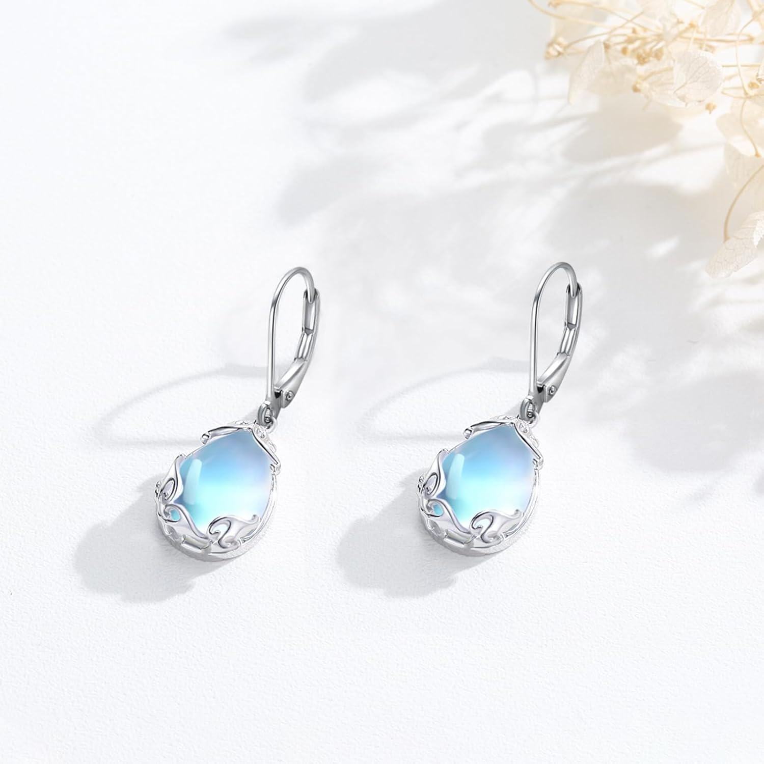 wholesale 925 Sterling Silver Rainbow Moonstone Teardrop Dangle Earring with Filigree Leverback Closure (Hypoallergenic)-0-4