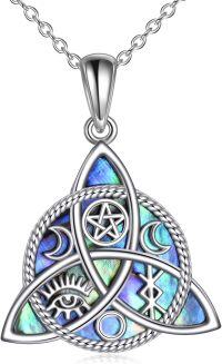 wholesale 925 Sterling Silver Triquetra Trinity Knot with Opal Stone and Pentagram Pendant Necklace for Women Girls  36 Chain Length-Abalone-Trinity Knot Necklace