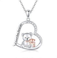 wholesale 925 Sterling Silver Heart Pendant with Teddy Bears and Cub Charm Necklaces Gifts for Women Girls Jewelry Love You Forever Engraved Chain 45cm Length-Teddy bear