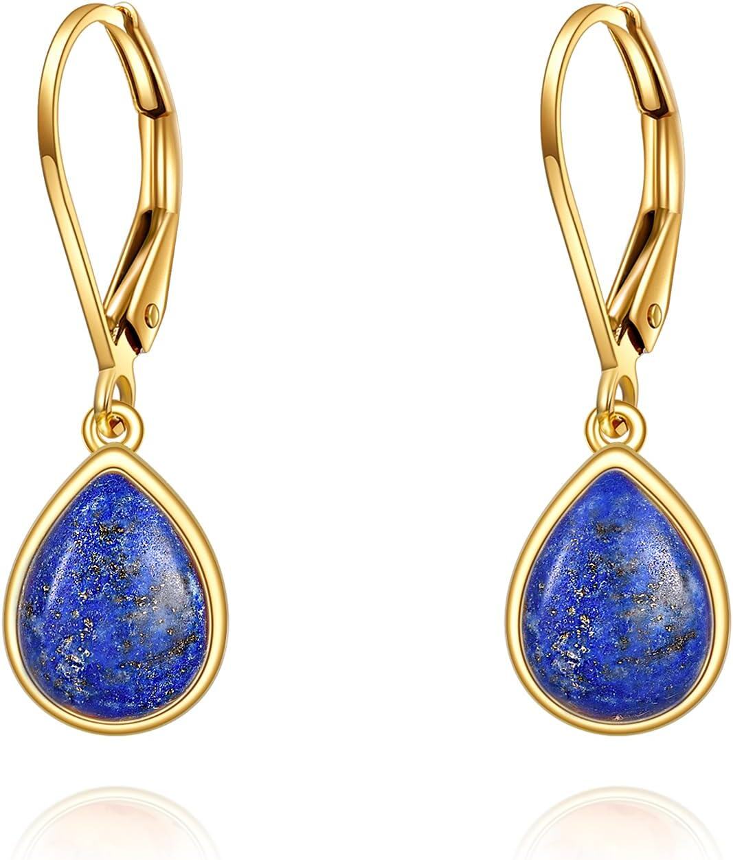 14K Gold Lapis Lazuli Opal Amber Teardrop Leverback Earrings for Women-14k gold-lapis lazuli