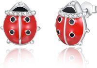 wholesale 925 Sterling Silver Red Ladybug Stud Earrings with Cubic Zirconia and Black Enamel Accents - Hypoallergenic Jewelry for Women & Girls-Beetle Earring