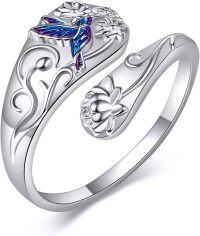 wholesale Sterling Silver Spoon Rings Hummingbird Shark Daisy Tree of Life Dragonfly Witches Knot Sea Turtle Adjustable Thumb Rings for Women Mother Birthday Gifts-Hummingbird