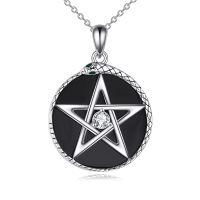 wholesale 925 Sterling Silver Pentagram Snake Black Onyx Cubic Zirconia Pendant Necklace-Onyx Necklace