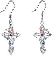 wholesale 925 Sterling Silver Cross with Rainbow Stones Drop Dangle Hook Earrings for Women Girls Gift Set-Cross 7 Chakra Earrings
