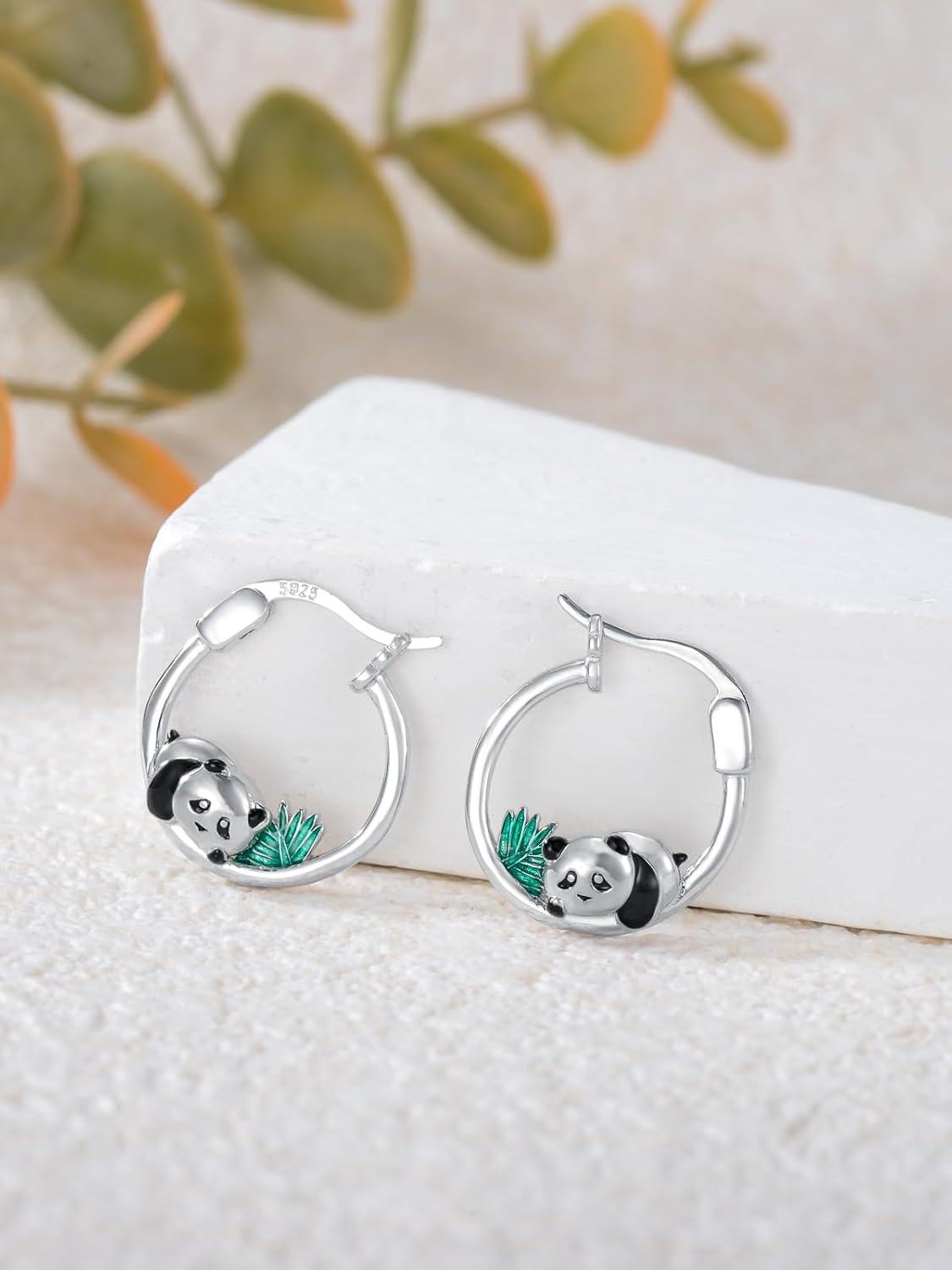 wholesale 925 Sterling Silver Panda Bear Leaf Hoop Earrings for Women Girls -0-2