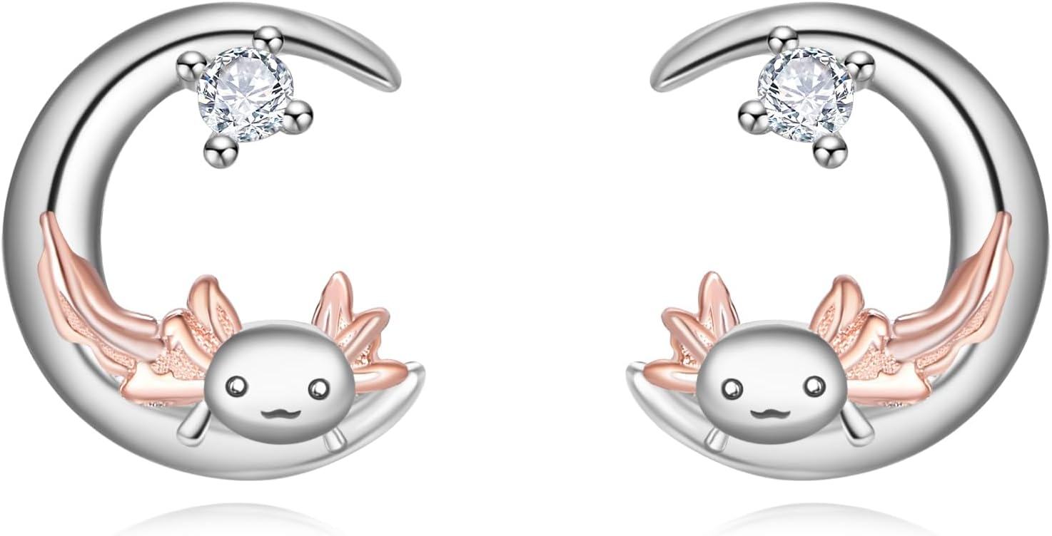 925 Sterling Silver Axolotl Moon Stud Earrings with Rose Gold Accents and Cubic Zirconia Stones for Women-0-0