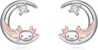 wholesale 925 Sterling Silver Axolotl Moon Stud Earrings with Rose Gold Accents and Cubic Zirconia Stones for Women-Axolotl
