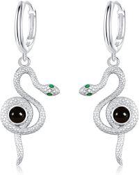 wholesale 925 Sterling Silver Snake Shape Black Stone Green Eyes Huggie Earrings for Women and Girls-04-Black Onyx Snake