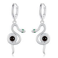 wholesale 925 Sterling Silver Snake Dangle Earrings Wholesale With Green Eyes And Black Center-04-Black Onyx Snake