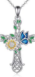 wholesale 925 Sterling Silver Butterfly & Flower Cross Pendant Necklace for Women Girls Christian  Ideas-0-0