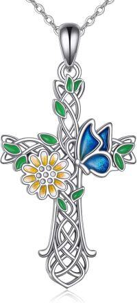 wholesale 925 Sterling Silver Butterfly & Flower Cross Pendant Necklace for Women Girls Christian  Ideas-Sunflower Butterfly