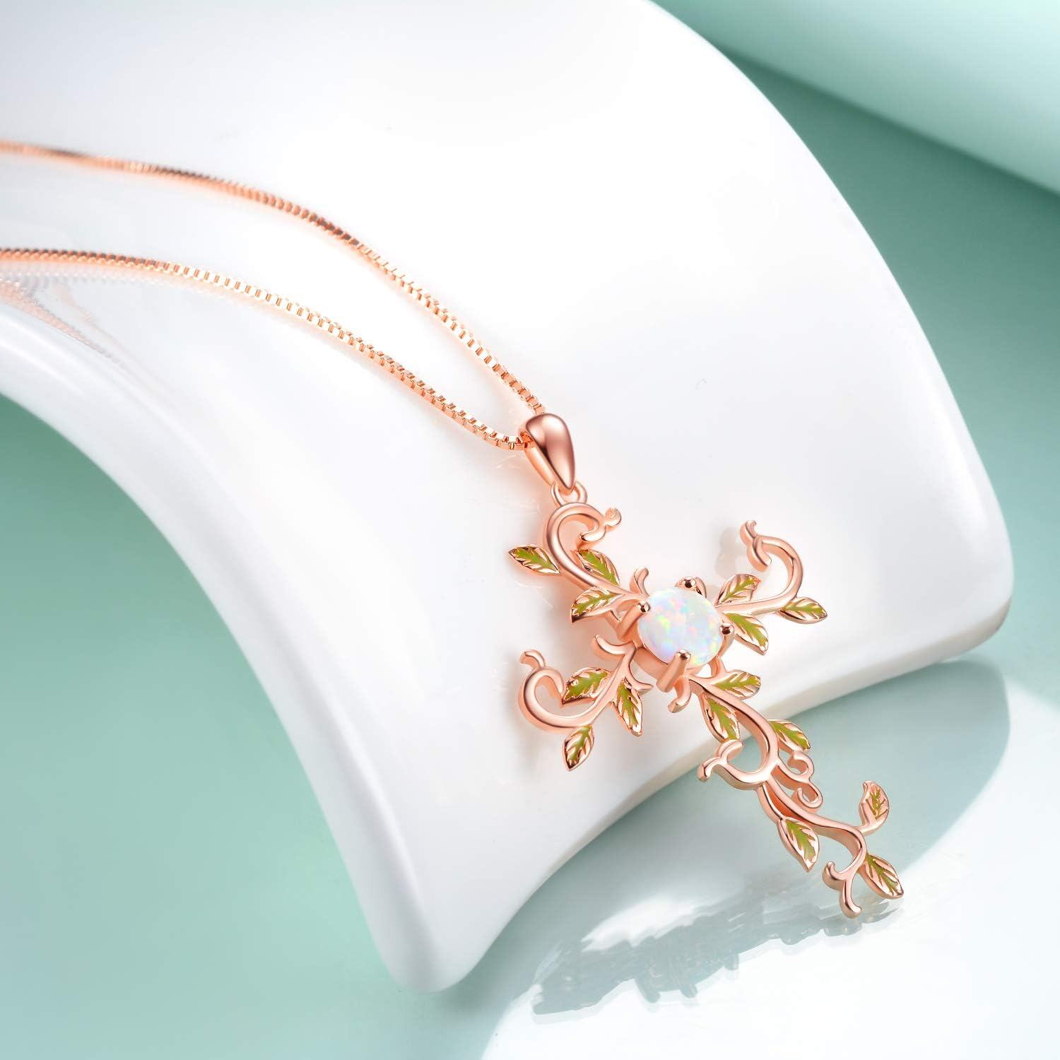 wholesale 925 Sterling Silver Plated Rose Gold White Simulated Opal Cross Pendant Necklaces with Leaves and Vine Design for Women-0-1