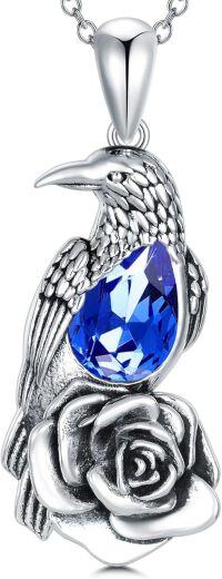 wholesale Sterling Silver Crystal Raven Necklace with Rose Flower Pendant for Men-A01-Sapphire
