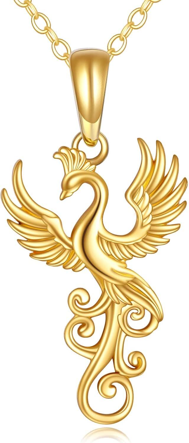 14K Yellow Gold Phoenix Pendant Necklace with Stone for Women Jewelry Gifts-0-1