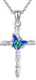 wholesale 925 Sterling Silver Butterfly Cross Pendant Necklace with Blue Fire Opal Inlay for Women-0-0
