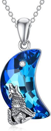 wholesale 925 Sterling Silver Blue Crystal Wolf Pendant Necklace for Women and Men-Style-7-Blue Crystal Moon