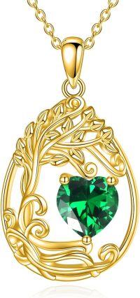 wholesale Sterling Silver Yellow Gold Plated Gemstone Tree of Life Pendant Necklace-05-May-Emerald