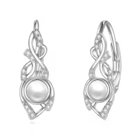 wholesale 925 Sterling Silver Black Pearl & Cubic Zirconia Celtic Dangle Hoop Earrings Wholesale for Women - Irish  Ideas-White Pearl