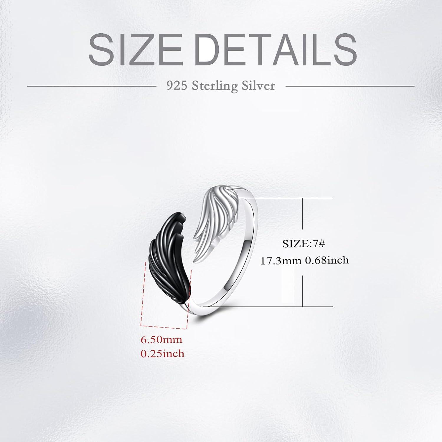 925 Sterling Silver Black & White Angel Wing Adjustable Ring for Women-0-4
