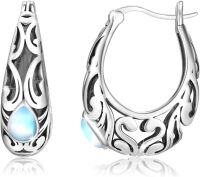 wholesale 925 Sterling Silver Blue Moonstone Teardrop & Scrollwork Hoop Earrings for Women - 30mm Diameter-06-Moonstone