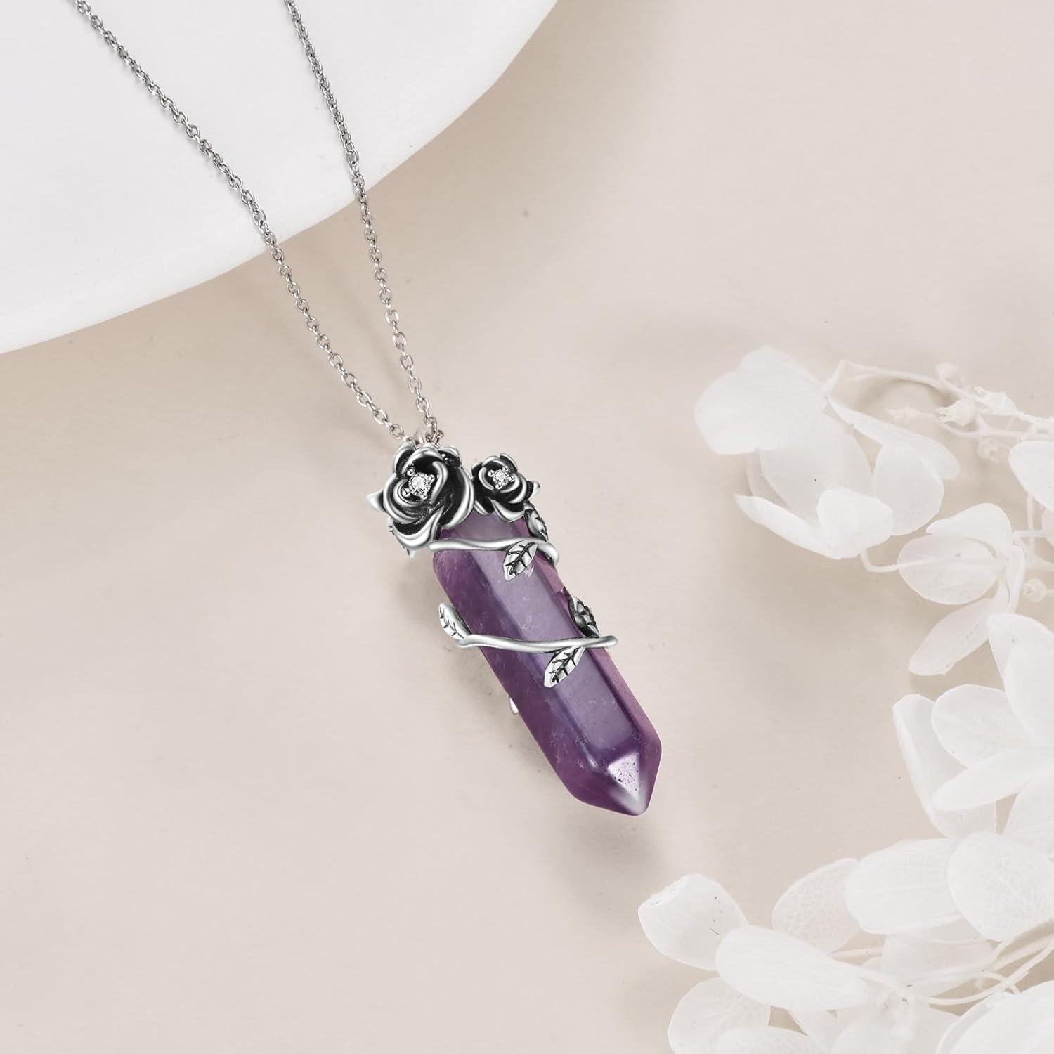 Sterling Silver Amethyst Crystal Necklace Rose Pendant Jewelry Gift-0-1
