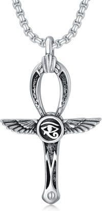 wholesale 925 Sterling Silver Egyptian Cross with Eye of Horus and Wings Pendant Necklace-Cross-Ankh