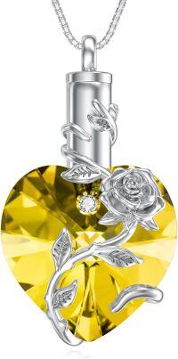 wholesale 925 Sterling Silver Birthstone Heart Rose Flower Urn Necklace for Ashes Memorial Jewelry-11-Nov-Topaz