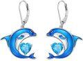wholesale Sterling Silver Birthstone Blue Dolphin Dangle Earrings for Women-0-0
