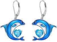 wholesale Sterling Silver Birthstone Blue Dolphin Dangle Earrings for Women-March