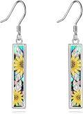 wholesale 925 Sterling Silver Rectangle Sunflower Drop Earrings with Abalone Shell Inlay and Leaves Design for Women-0-0