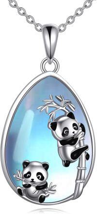 wholesale 925 Sterling Silver Panda Teardrop Pendant Necklace with Blue Stone and Bamboo Design-Panda Bamboo Moonstone