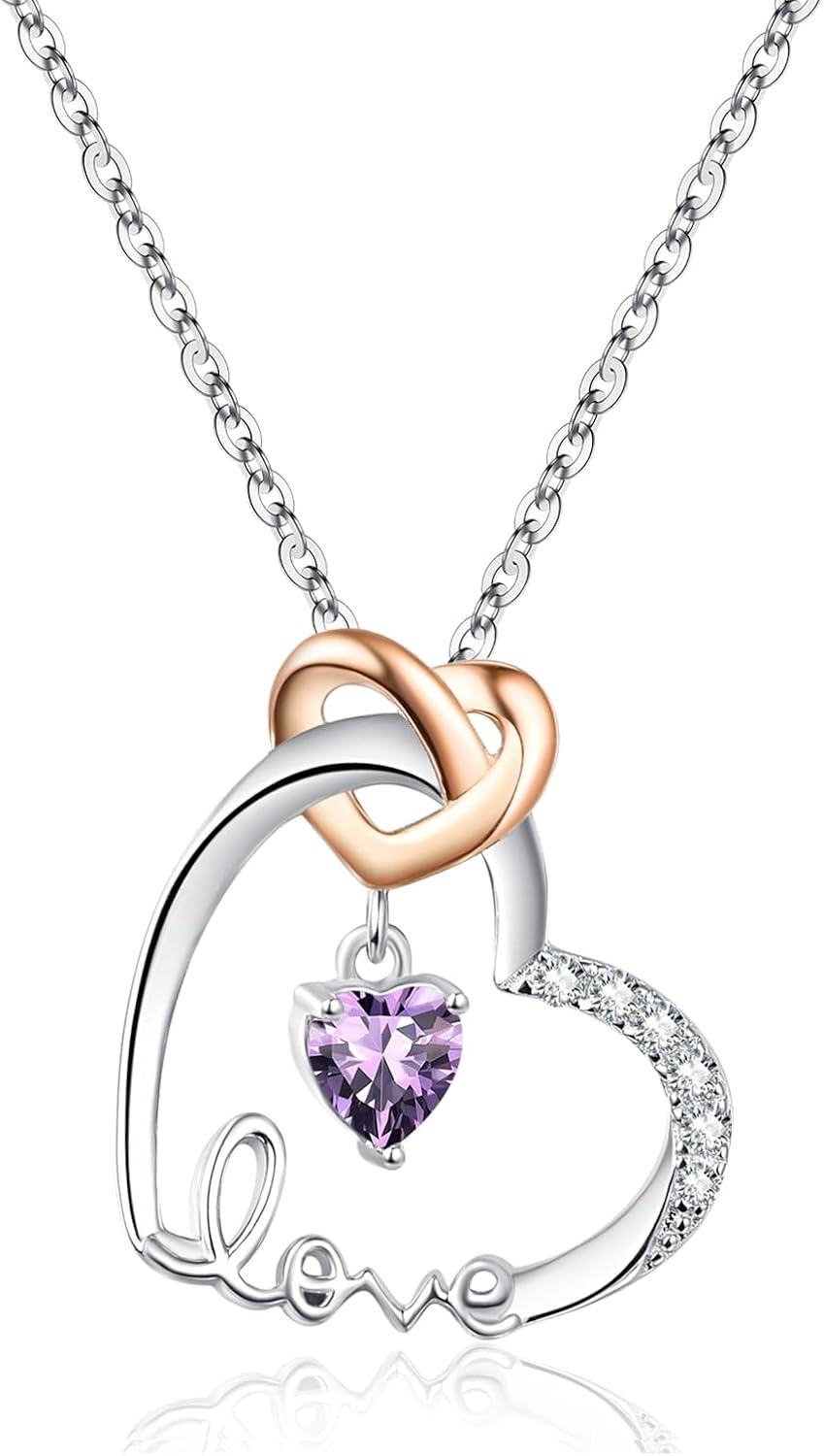 Sterling Silver Birthstone Heart Necklace Pendant for Women-February
