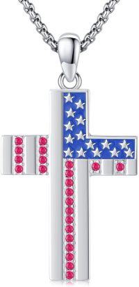 wholesale 925 Sterling Silver 925 USA Flag Cross Pendant Necklace w/Red Crystals for Men/Women-E01-Patriotic Cross