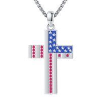 wholesale 925 Sterling Silver 925 USA Flag Cross Pendant Necklace w/Red Crystals for Men/Women-E01-Patriotic Cross