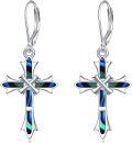 wholesale Sterling Silver Opal Cross Abalone Shell Dangle Drop Leverback Earrings-0-12