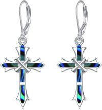 wholesale Sterling Silver Opal Cross Abalone Shell Dangle Drop Leverback Earrings-abalone shell cross