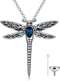 wholesale Sterling Silver Stone Dragonfly Urn Necklace for Ashes w Filling Tool-Crystal-Simulated Blue Zircon