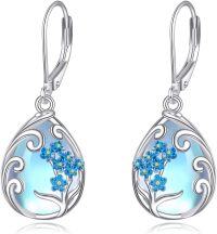 wholesale 925 Sterling Silver Teardrop Moonstone Earring with Blue Flower and Tree Design-Forget-Me-Not