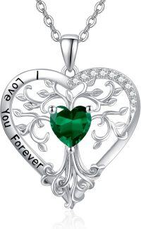 wholesale Sterling Silver Birthstone Tree of Life Heart Pendant Necklace for Women-05 May - Emerald