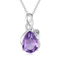 wholesale 925 Sterling Silver Amethyst Teardrop Pendant Necklace With Leaf Design-01-Pear Amethyst