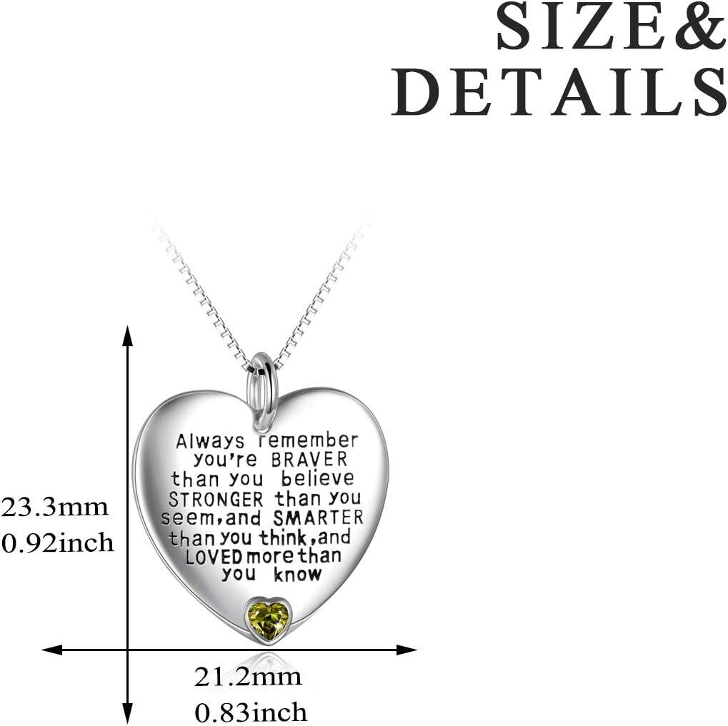 925 Sterling Silver Heart-Shaped Pendant Necklace with Peridot Gemstone - Always Remember You're Braver Than You Believe Inspirational Jewelry for Women Girls-0-3