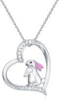 wholesale 925 Sterling Silver Heart Bunny Necklace with Cubic Zirconia - Cute Rabbit Pendant Gift for Women, Girlfriends, Brides - Adjustable Chain, Elegant Gift Box-0-0