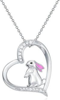 wholesale 925 Sterling Silver Heart Bunny Necklace with Cubic Zirconia - Cute Rabbit Pendant Gift for Women, Girlfriends, Brides - Adjustable Chain, Elegant Gift Box-Silver Bunny