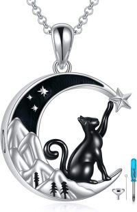 wholesale 925 Sterling Silver Abalone Shell Crescent Moon & Star Black Cat Pendant Necklace for Cat Lovers-Mountain Black Cat Urn Necklace
