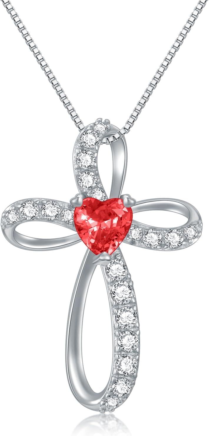  Sterling Silver Birthstone Cross Necklace for Women Birthday Mother s Day Gift ( )-01-Jan Birthstone - Garnet