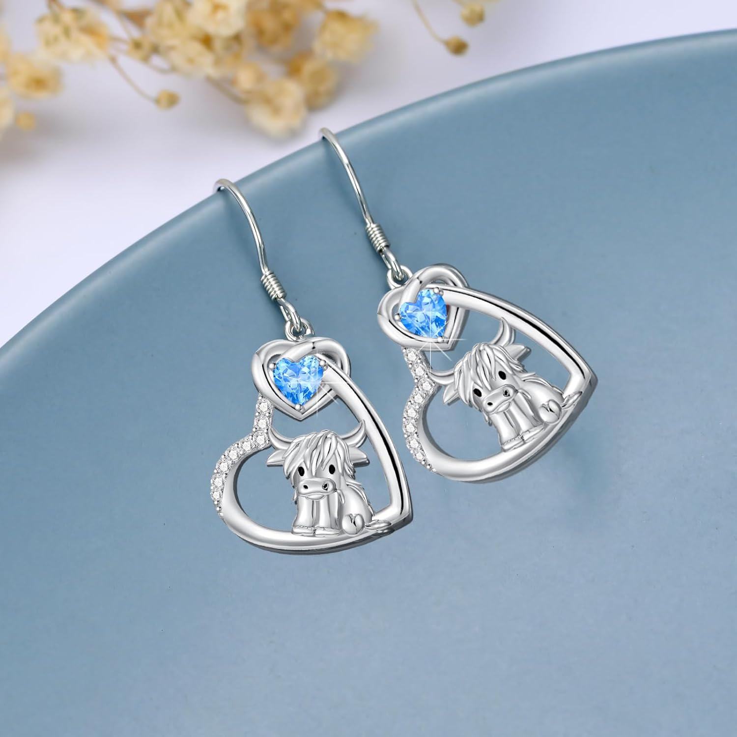 925 Sterling Silver Birthstone Highland Cow Dangle Earrings Scotland Western Gift-0-4