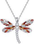 wholesale 925 Sterling Silver CZ Inlaid Red Abalone Shell Dragonfly Pendant Necklace for Women and Girls-0-0