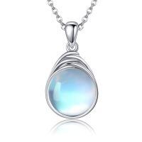 wholesale 925 Sterling Silver Moonstone Teardrop Pendant Necklace Platinum Plated Wire Wrapped Chain-Moonstone