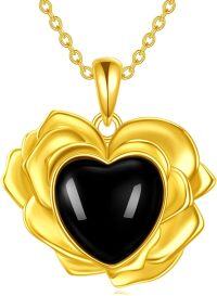wholesale 925 Sterling Silver Plated Gold Heart Black Onyx Stone Pendant Necklace for Women-Rose Necklace